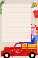 A festive lined letter template with a red truck carrying gifts, a Christmas stocking, and pine branches.