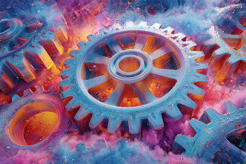 Colorful mechanical gears with vibrant lighting and smoke effect