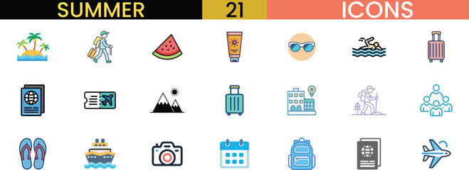 Collection of summer season icons and symbols for travel and recreation vector