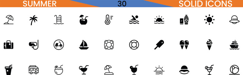 Summer vacation solid icons collection for web and mobile apps vector