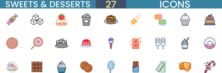 Collection of sweets and desserts icons for delicious food design and projects vector