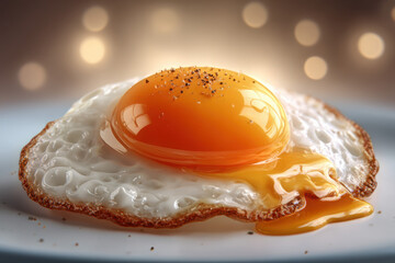 Fried egg with runny yolk and pepper on white plate