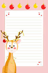 Fototapeta premium A festive lined letter template with a cute reindeer, colorful ornaments, and red berries on a pink background.