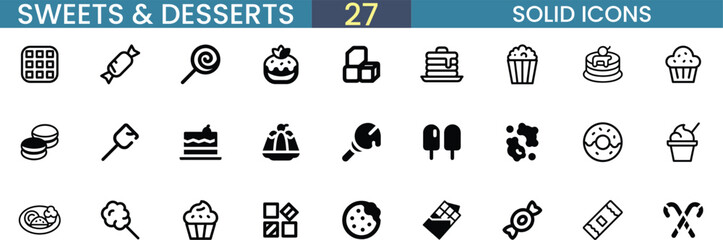 Collection of sweets and desserts icons simple line art style vector
