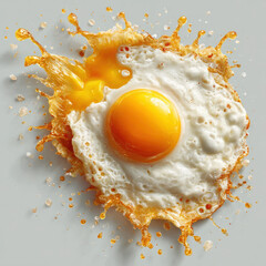 Fried egg with yolk splash on white background, vibrant and fresh