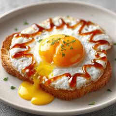 Fried egg with runny yolk toasted bread garnished with sauce
