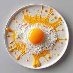 Fried egg with vibrant yellow paint splash on white plate