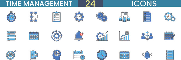 24 essential time management icons for business productivity and planning vector