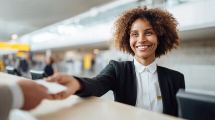 Professional Female Airport Assistant Smiling While Handing Passport at Modern Immigration Checkpoint for Seamless Travel Experience and Customer Service Campaigns