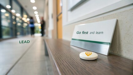 White token with heart icon resting on wooden bench at clinic