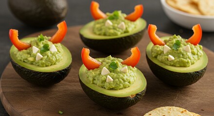 Avocado Half Filled with Guacamole Garnished with Red Pepper Slices and White Cheese Cubes on Wooden Board