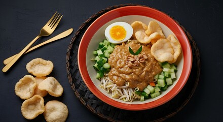bowl of Indonesian Gado-Gado showcasing the textured sauce drizzled over steamed vegetables and egg,set on a dark woven basket, with a scattering of kerupuk nearby,top-down,focused lighting