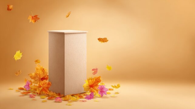 Autumn elegance: display podium with enchanting seasonal elements. Visual balance. Vibrant visuals: autumn theme podium enriched with natureâ€™s touch. Print ready. Design template.