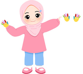 girl in a pink hijab proudly presents her vibrant, paint-splashed hands, embodying a moment of joyful artistic creativity and imaginative play