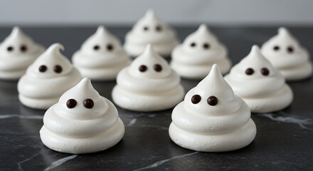 Cute Ghost Shaped Meringue Cookies with Chocolate Eyes on Dark Surface