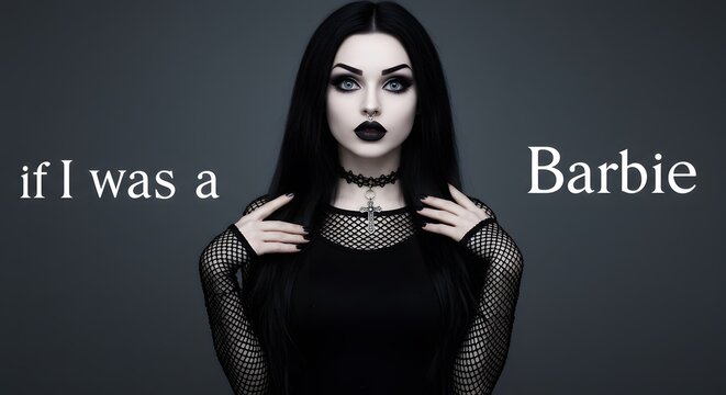 Gothic Young Woman with Dark Makeup and Black Clothing Standing in Studio