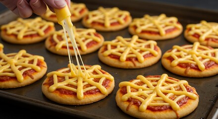 Cheese Pizza Cookies Being Decorated with Melting Cheese on Baking Tray
