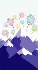 Colorful Fireworks Exploding Over Majestic Blue Mountains.