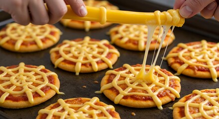 Baking Mini Cheese Pizza Cookies with Melting Cheese on Black Baking Sheet