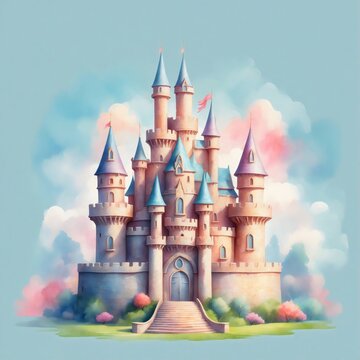 An enchanting castle stands majestically against a dreamy sky, its towering turrets and intricate architecture evoking a sense of wonder and fantasy.