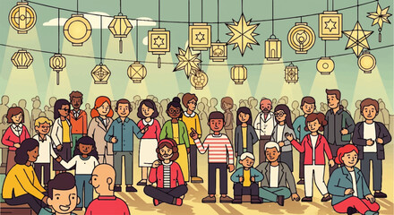 Diverse Group of People Celebrating Under Festive Lanterns.