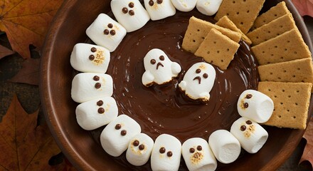 Halloween Themed Chocolate Dessert with Ghost and Skull Cookies Surrounded by Crackers and Autumn Leaves