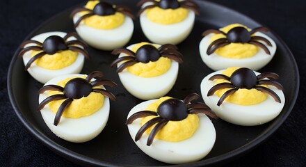 Deviled Eggs with Black Olive Spider Decorations on Black Plate for Halloween Party Food