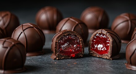 Chocolate-covered Cherry Candies with Glossy Smooth Brown Shells and Vibrant Red Filling on Dark Surface
