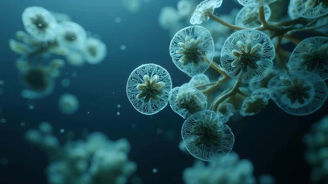 Transparent floating phytoplankton with intricate mandala aquatic structures drift underwater deep blue ocean, glowing softly serene marine