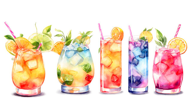 A colorful watercolor illustration showcases an array of refreshing cocktails, meticulously painted to capture the vibrant flavors and essence of each drink, perfect for culinary art.