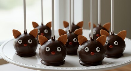 Cute Animal Themed Cake Pops with Brown Ears and Eyes on White Serving Plate