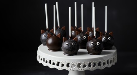 Chocolate Cat Cake Pops on White Decorative Cake Stand Black Background