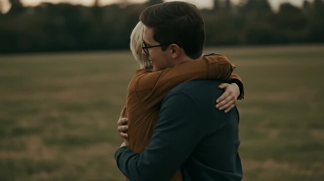 Two people are embracing warmly outside in front of a large grassy field at dusk