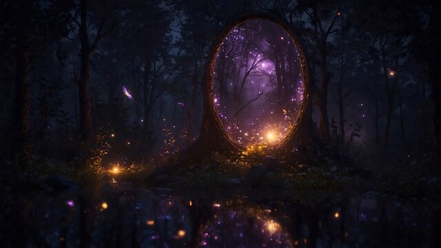 A magical portal shines in the heart of an enchanted forest, beckoning viewers to embark on a journey through the unknown, and inspiring awe and wonder.