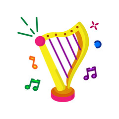Golden Harp With Purple Strings Surrounded By Musical Notes And Sparkles On A Transparent Background
