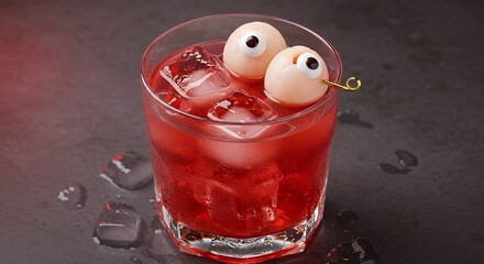 Bright Red Cocktail in Glass with Ice and Eyeball Garnish on Dark Surface