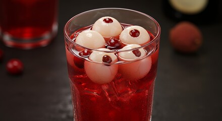 Red Fruit Cocktail with Lychee and Berries in Clear Glass on Dark Surface