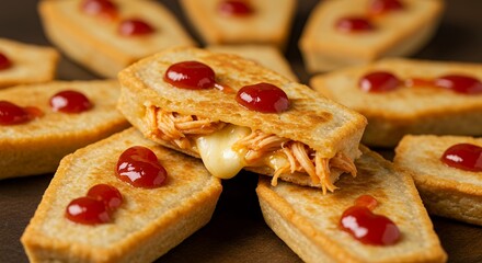 Sandwiches with Chicken and Cheese Topped with Ketchup on Crispy Toasted Bread