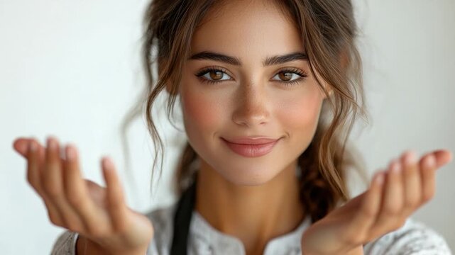 A beautiful young woman stretching out her hands in a gesture of openness and trust
