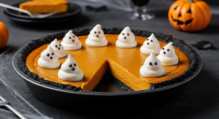 Halloween Pumpkin Pie with Ghost-shaped Whipped Cream Decorations in Festive Setting