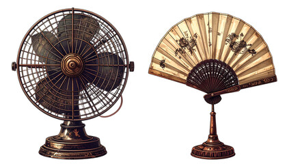 "Realistic Vector Illustration of Vintage Metal Fan and Traditional Folding Hand Fan Isolated on White Background for Antique and Decorative Design"