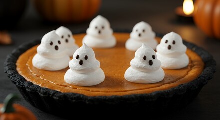 Halloween Pumpkin Pie Decorated with Ghost-shaped Whipped Cream Toppers in Festive Autumn Setting