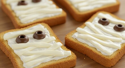 Sweet Toasts with White Chocolate and Chocolate Candies on Wooden Surface