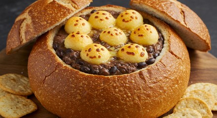 Bread Bowl Filled with Sweet Red Bean Paste and Cute Potato-shaped Toppings on Wooden Surface