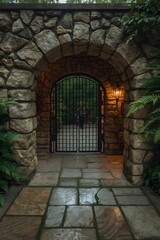Obraz premium Stone archway entrance with an iron gate illuminated by a warm wall light, surrounded by lush green plants and wet stone tiles, creating a mysterious garden atmosphere after rain