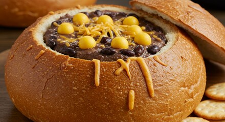 Baked Bread Bowl Filled with Savory Chili Topped with Cheese and Yellow Cheese Balls