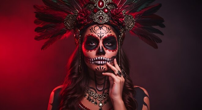 Woman in Traditional Day of the Dead Costume with Elaborate Skull Makeup and Ornate Headpiece