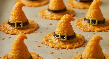 Halloween Witch Hat Cookies Decorative Orange Brown Sugar Confectionery on Baking Sheet