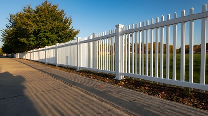 Long white wooden picket fence casting shadows on a paved sidewalk covered with autumn leaves, lined with tall green trees under a clear blue sky in warm evening sunlight