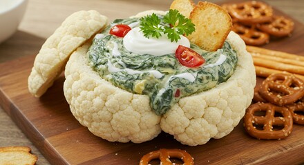 Cauliflower Floret Filled with Spinach and Cream Cheese Topped with Cherry Tomatoes and Parsley on Wooden Board